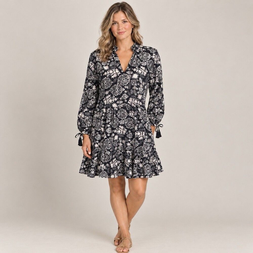 Jude Connally Blue Silver Tiered Dress S Shift Luxury Money Paisley Office Party